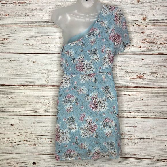 Lulus Way to Wow Dusty Blue Floral Print One Shoulder Faux-Wrap Dress Sz L - Picture 15 of 16